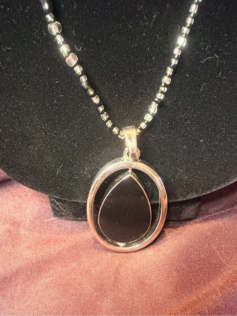 Modern Black Teardrop Pendant Necklace - Silver Tone Accents